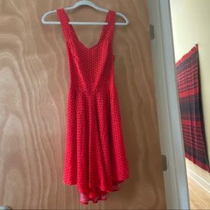 Red dress with back dots, tied back
